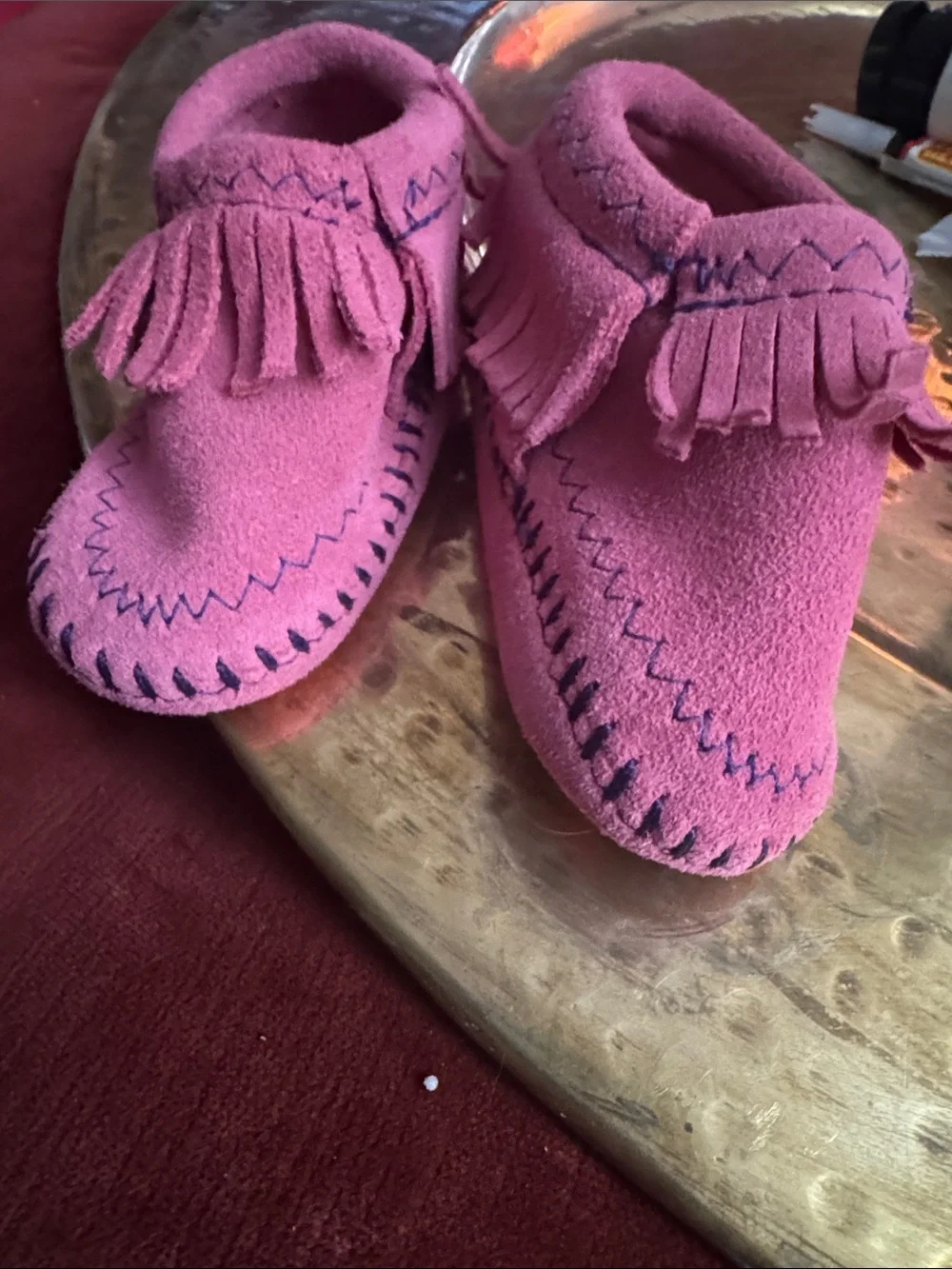 Minnetonka Pink Suede Fringe Kids Moccasins